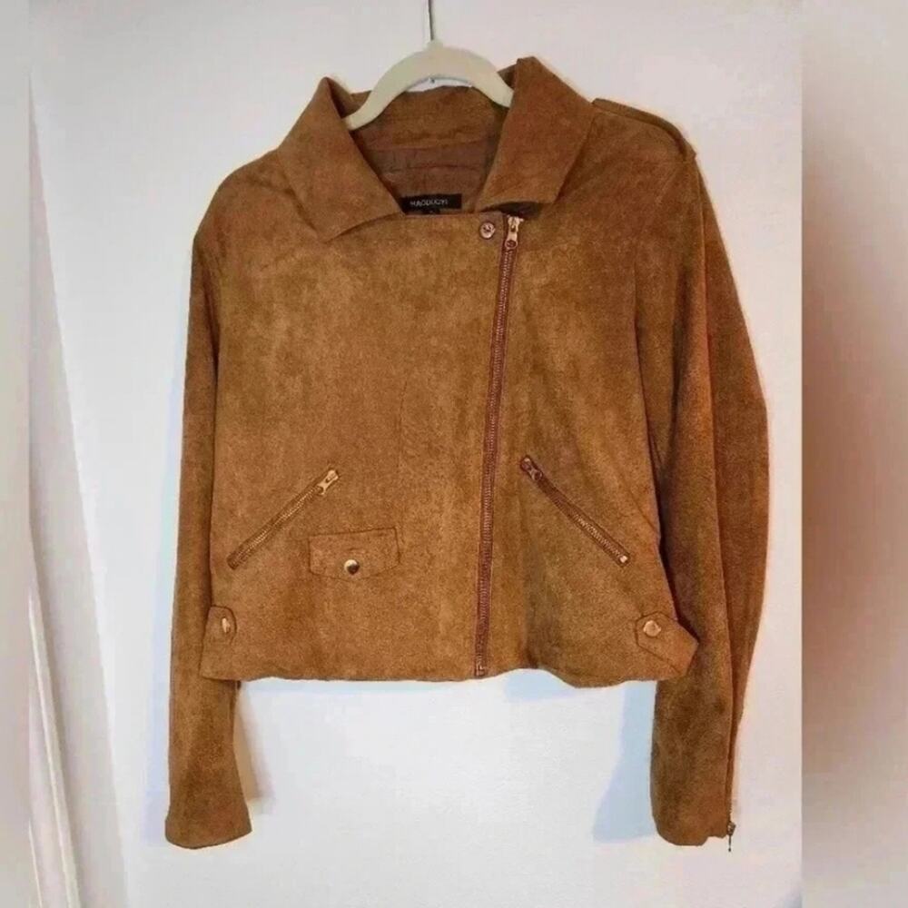 Haoduoyi Moto Jacket Tan Suede Cropped Zippered Womans Medium